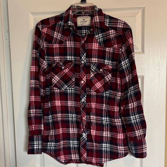 Cactus Man men’s red plaid long sleeve pearl snap flannel shirt size small - Picture 1 of 8